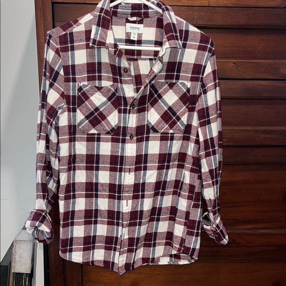 Sonoma Burgundy and White Plaid Shirt